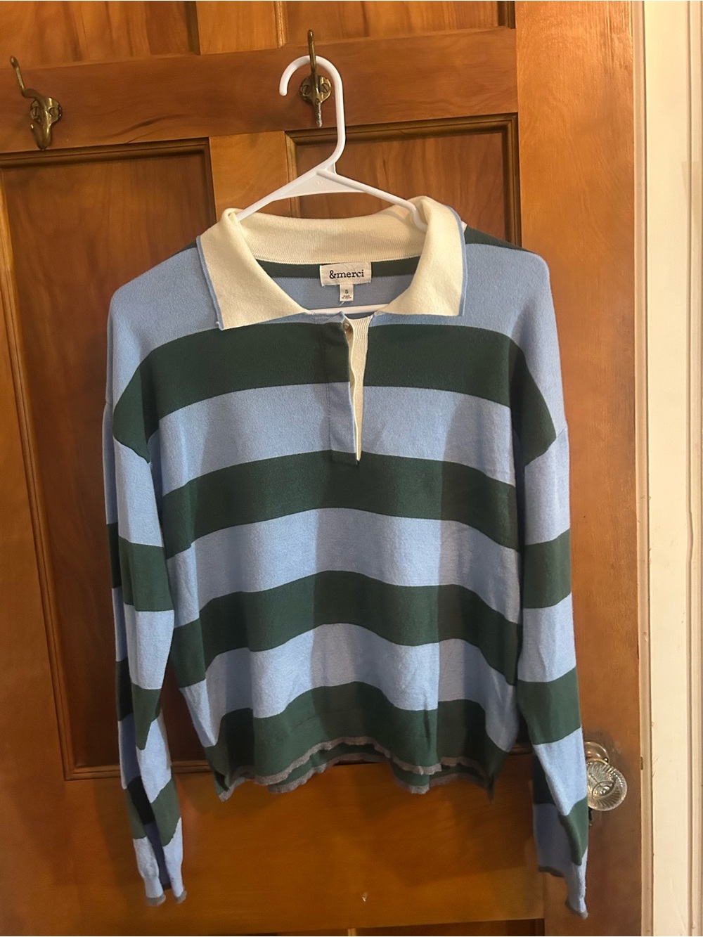 &merci Light Blue and Dark Green Striped V-Neck Polo Sweater